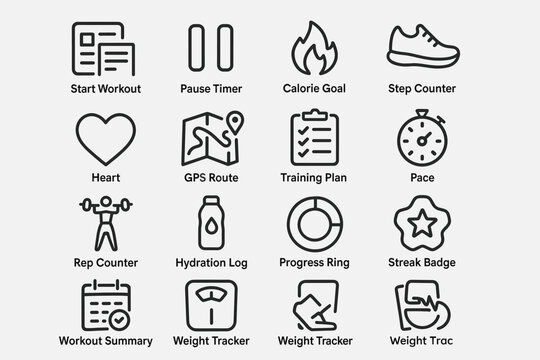 Fitness icon set featuring workout, health, tracking, and performance symbols