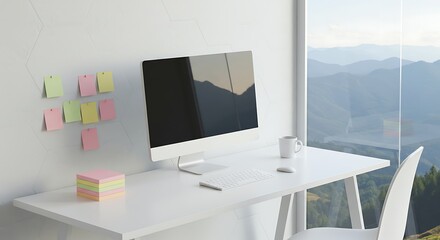 Modern White Desk with Computer and Mountain View From Window
