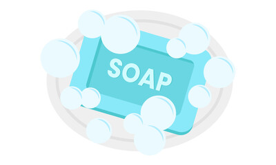 blue soap with foam in the coaster and bubbles hygiene cute flat illustration