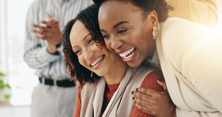 Fototapeta premium Celebration, hug and smile with business people in office together for motivation or support. Achievement, applause and success with happy employee team in workplace for bonus, goals or target