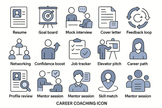 Career coaching icons collection featuring mentoring, feedback, and goal setting illustrations