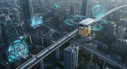 Autonomous delivery drone flying above futuristic cityscape with digital hologram interfaces, elevated rail tracks and high-rise buildings in a smart urban environment
