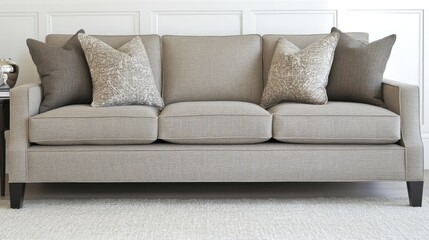 A light gray sofa with patterned throw pillows.