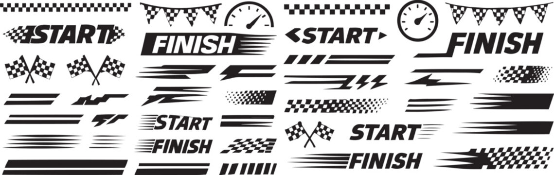 Racing Graphics: Start & Finish Line Elements, Speed Stripes, Flags, Speedometers - Vector Design for Motorsports & Automotive Themes