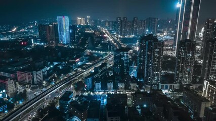 Shenzhen city nightscape aerial timelapse featuring cyberpunk aesthetic and black ice tint during nighttime exploration - Powered by Adobe