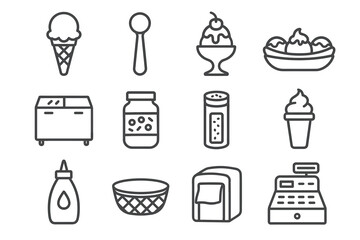 Ice cream and dessert line icons featuring cones, sundaes, and toppings