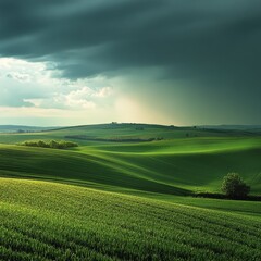 Obraz premium Dramatic, rolling hills, vibrant green fields, dramatic sky, impending storm.