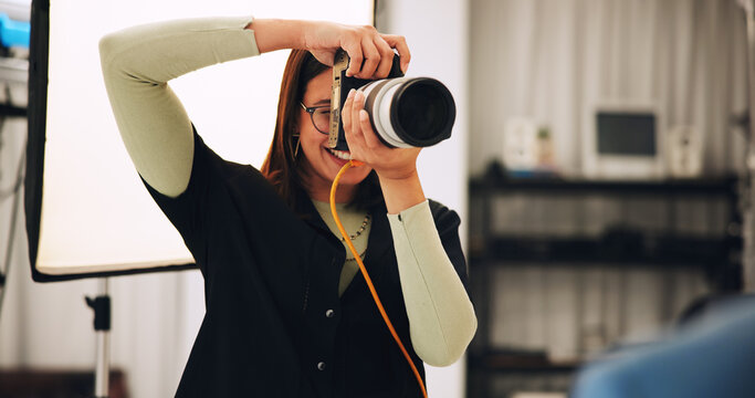 Woman, photographer and camera in studio for photoshoot, production and magazine casting. Female person, equipment and backstage with model for filming content, capture image and photography industry - Powered by Adobe