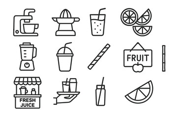 Juicer and blender outline icons with fruit and beverages