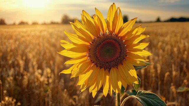 Sunflower in Sunlight: A majestic sunflower, radiates warmth and vitality against the backdrop of a sun-kissed field. Its vibrant yellow petals capture the essence of summer.