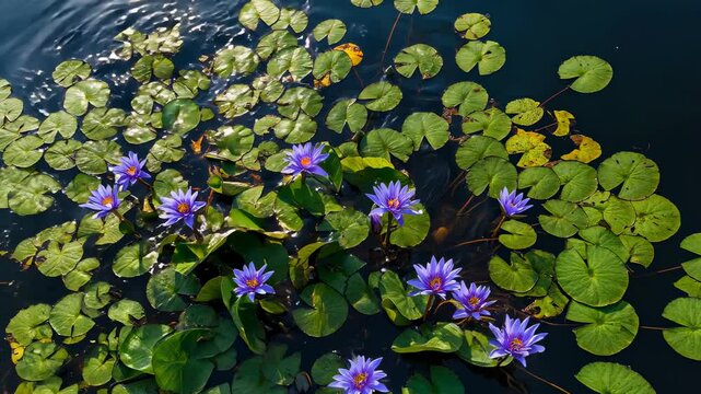 Serene Water Lilies: Captivating overhead view of vibrant purple water lilies and lily pads floating on tranquil water, creating a sense of natural beauty and peace.
