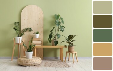 Interior of living room with green houseplants, wooden bench and pouf. Different color patterns