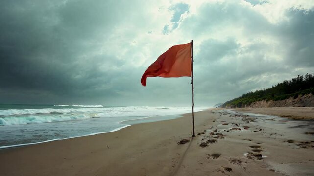 Coastal Caution: A vivid red flag flaps defiantly against a dramatic, stormy sky. the beach, wind, and sea create a powerful sense of warning and nature's might.