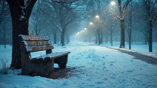 Winter Bench Serenity: A serene bench stands amidst a snowy park under the soft glow of streetlights, evoking a sense of calm and quietude in winter.