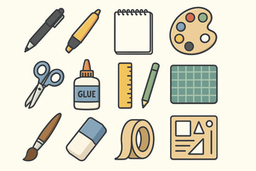 Assorted art supplies with tools for creative projects