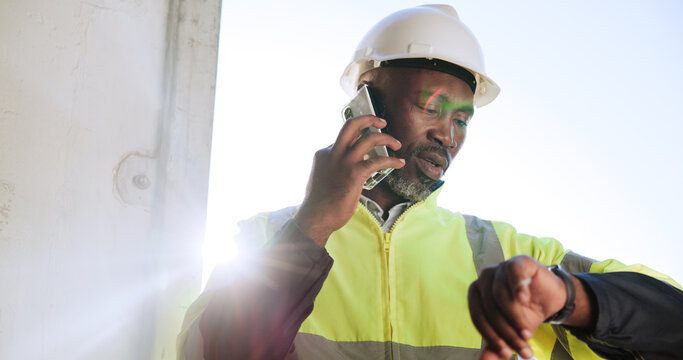 Construction, phone call and man check watch on site for inspection schedule, planning or feedback. Contractor, black person and contact appointment for project management, progress update and flare
