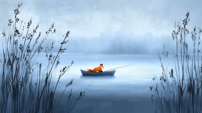 Misty lake scene with a fox fishing.