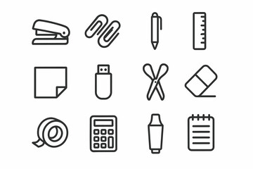 Minimalist office supplies icons: stapler, paperclips, scissors, and more
