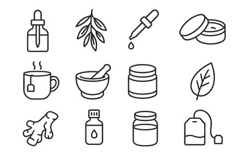 Line art icons of herbal remedies and natural ingredients for wellness