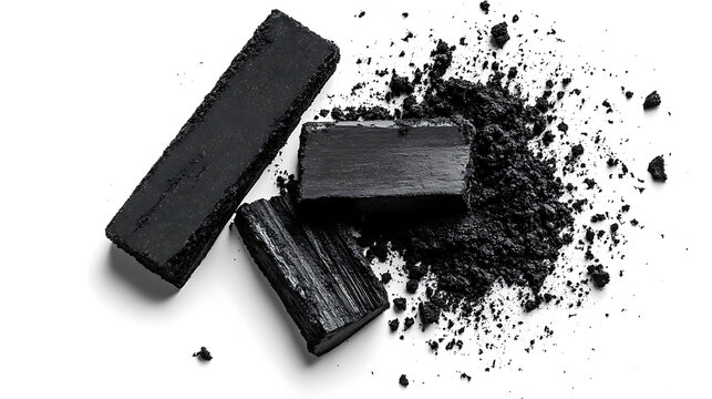 Pieces of black charcoal and powdered dust isolated on white background art supplies composition