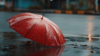 Red Umbrella Alone standing on wet pavement with soft reflections and empty street ideal for dramatic storytelling visuals mood concepts and cinematic backdrops