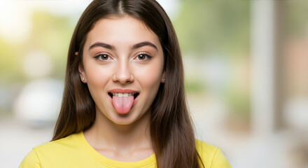 Playful teenage girl with long brown hair sticking tongue out against blurred background. Student expressing joy and humor for education motivation campaigns
