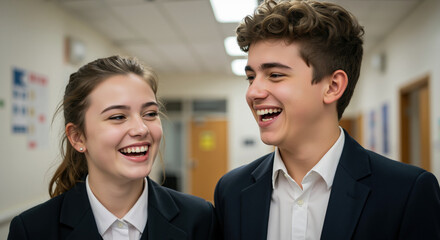 Laughing teenage students in school uniforms in hallway. Friendship and social interaction for secondary education and student life programs