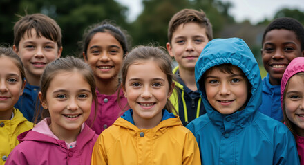 Group of diverse children in colorful rain jackets smiling outdoors. Multicultural education and outdoor learning for elementary school programs