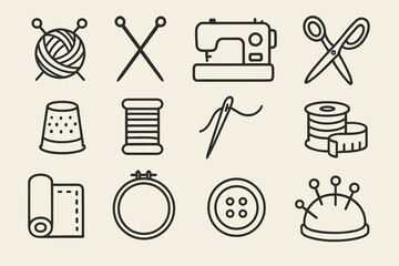 Collection of sewing and knitting tools including yarn, needles, and sewing machine