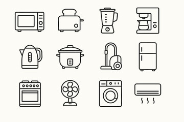 Line icons of kitchen and home appliances: microwave, blender, refrigerator, and more