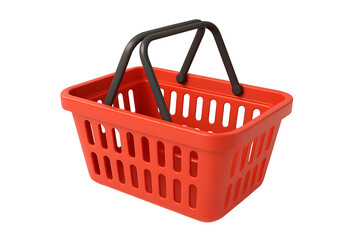 Red plastic shopping basket with black handles isolated on transparent background