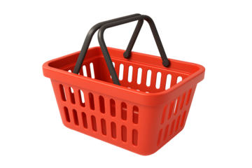 Red plastic shopping basket with black handles isolated on transparent background