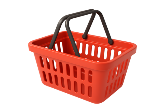 Red plastic shopping basket with black handles isolated on transparent background