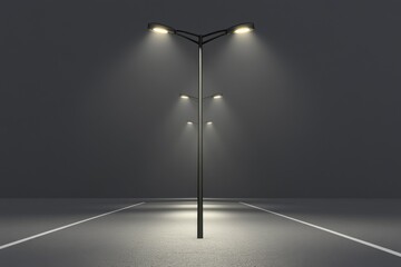 Illuminated street light illuminating empty parking lot at night with soft light under clear sky