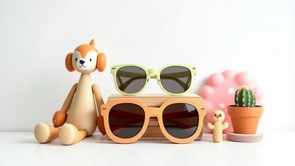 Naklejka premium Cute wooden dog toy with sunglasses and cactus isolated on white background