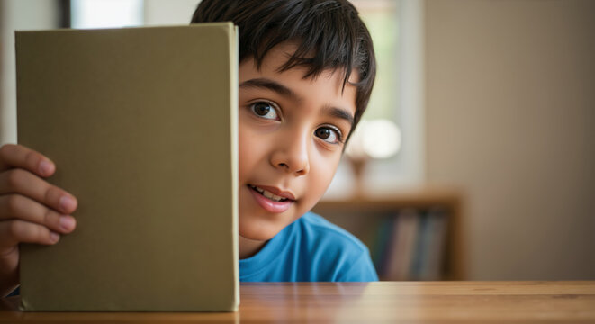 Smiling boy holding brown book in library with blurred bookshelf background. Reading enthusiasm and literature passion for elementary education programs