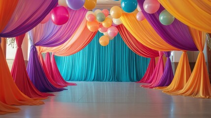 Naklejka premium Colorful fabric drapes and balloons create a festive entranceway.