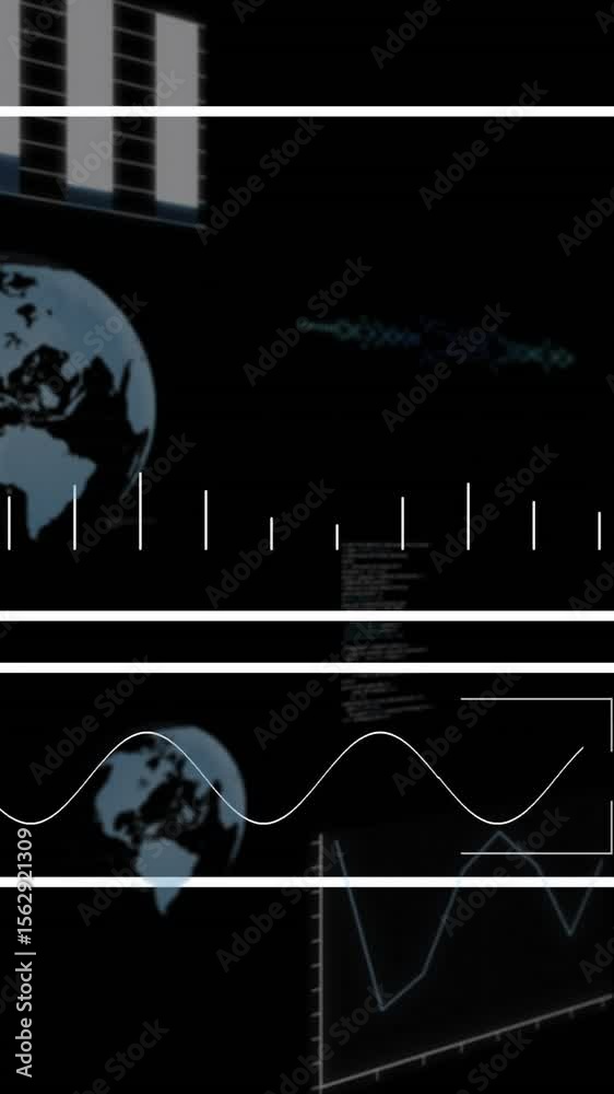 Aufkleber data processing animation over world map and graphs with numerical statistics