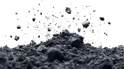 Pile of dark soil and flying rock fragments on a white background represents ground material detail