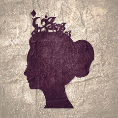 Profile view silhouette of a princess or queen. Cute girl portrait. Fashion branding emblem.