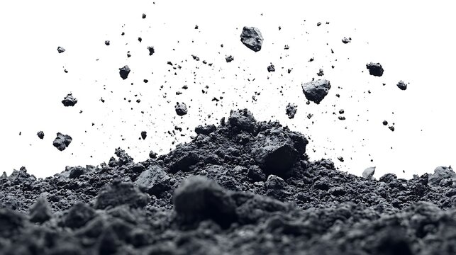 Pile of dark soil and flying rock fragments on a white background represents ground material detail