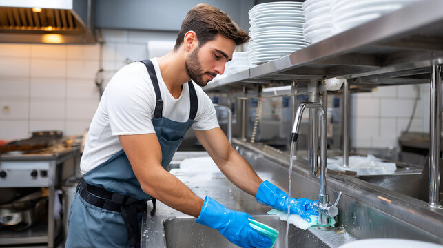 USA professional restaurant worker cleaning dishes in sink of commercial kitchen,
