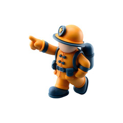 Cartoon miner character pointing the way forward in safety gear on transparent background