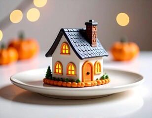 3D haunted house icon as plate decor, tiny and cute, minimal Halloween colors with white or blurred background