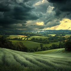 Fototapeta premium Dramatic sunset over rolling hills, with dark storm clouds.