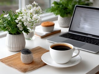 Cozy workspace with coffee and flowers