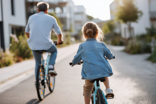 Close up, Father biking with his daughter to school in the morning through the neighborhood, healthy routine and affectionate parent-child relationship - Powered by Adobe