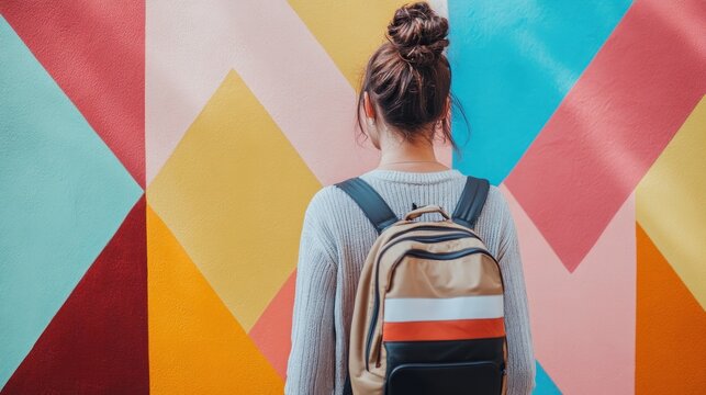 Young woman with backpack, looking away from vibrant geometric wall art. - Powered by Adobe