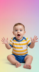 Surprised baby with open mouth and raised hands in striped shirt against pink gradient background. Pure innocence and amazement for childcare services and baby product promotions