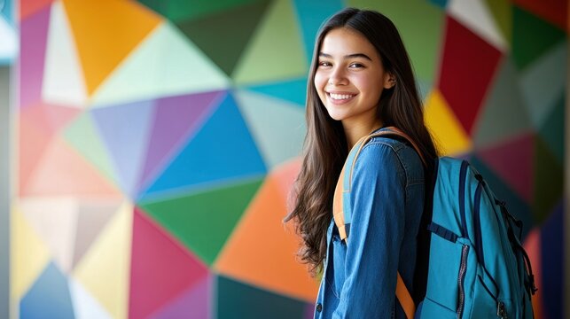 Young woman with backpack smiling, looking back, against colorful triangular wall.